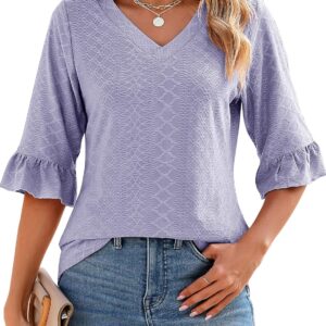 LOMON 3/4 Length Sleeve Women Tops Summer Loose V-Neck Eyelet T-Shirts Dressy Casual Ruffle Sleeve Tunic Blouses