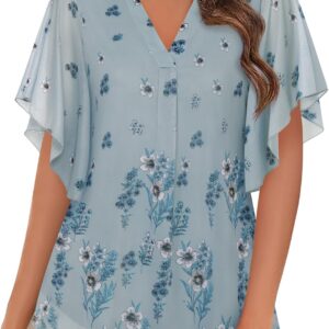 Timeson Women's Short Sleeve V Neck Blouses Shirts Floral Double Layers Mesh Tunics Tops