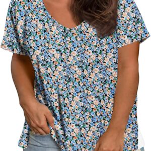 onlypuff Womens Plus Size Tops Floral Loose Fit Dressy Blouses Pleated T-Shirts Crew Neck Boho Short Sleeve Tunic