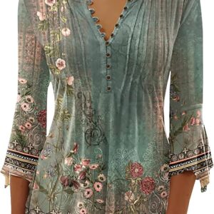 Summer tops for women 2024 Tunic shirts with floral print boho trend 3/4 button in bell V neck t-shirt