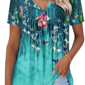 ONLYSHE Womens Summer Short Sleeve Shirts V Neck Tops Casual Tunic Floral Ruffle Blouse