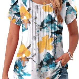 Zeagoo Womens Tops Petal Short Sleeve Summer Casual Crew Neck Shirts Floral Solid Blouse Pleated Tunics