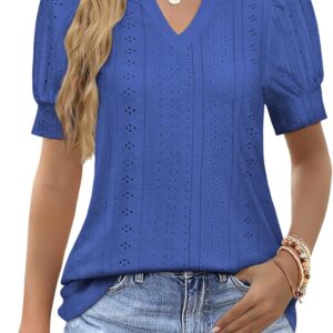 Womens Puff Short Sleeve Tops: 2025 Summer Spring Blouses Dressy Casual Eyelet Embroidery Trendy V Neck Business Work T Shirt