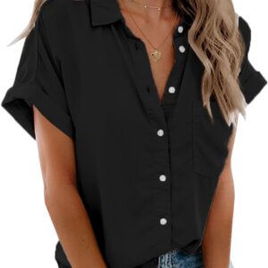 Beautife Women's Short Sleeve Shirt, V Neck Button Down Shirt Top with Pockets