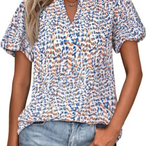 MASCOMODA Boho Short Sleeve Floral Work Blouses for Women Dressy Casual V Neck Puff Sleeve Loose Chiffon Flowy Tops Shirts