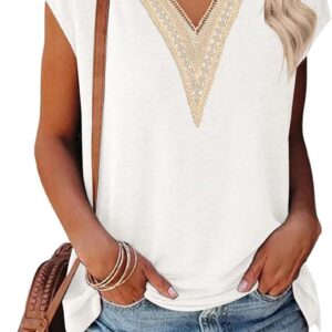 MEROKEETY Women's Casual Cap Sleeve Lace Trim V Neck Tops 2024 Summer Loose Tee Shirts Blouse