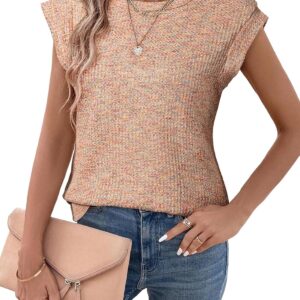 SHEWIN Summer Tops for Women Casual Crew Neck Waffle Knit Cap Sleeve Shirts Tank Top