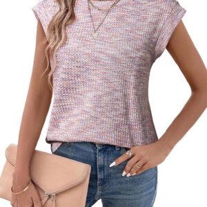 SHEWIN Summer Tops for Women Casual Crew Neck Waffle Knit Cap Sleeve Shirts Tank Top