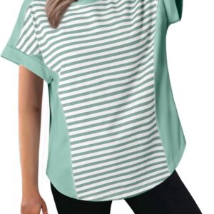 Dokotoo T Shirts for Women Striped Color Block Crewneck Short Sleeve Casual Workout Tops Loose High Low Blouses