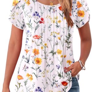 Zeagoo Womens Tops Petal Short Sleeve Summer Casual Crew Neck Shirts Floral Solid Blouse Pleated Tunics