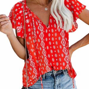 SimpleFun Women's Boho Tops Floral V Neck Short Sleeve Summer Blouse Shirts