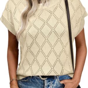 SHEWIN Womens Summer Tops Casual Crewneck Short Sleeve Shirts Cable Knit Lightweight Loose Pullover Sweater