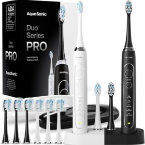 Aquasonic Duo Series Pro - Set of ultra -white electric toothbrushes - 5 smart modes and timer - Premium travel case and 10 Profx brush heads - Ada toothbrush accepted