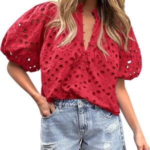 PRETTYGARDEN Women's Summer Tops 2025 Dressy Casual Short Sleeve V Neck Buttons Hollow Out Lace Embroidered Blouses Shirts