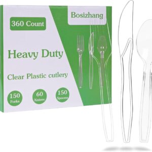 Set of disposable plastic cutlery with 360 accounts 150 forks, 150 spoons and 60 knives, silverware in transparent plastic, sets of disposable utensils without BPA and heat resistant for holidays, daily use and events