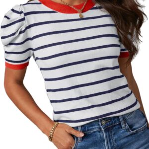 Dokotoo Women's Short Puff Sleeve Knit Tops 2025 Trendy Crewneck Striped T Shirts Casual Summer Blouses