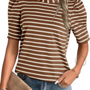 Dokotoo Women's Casual Short Puff Sleeve Crew Neck Striped T Shirts Summer Tops