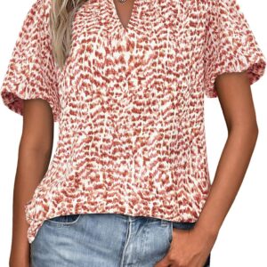 MASCOMODA Boho Short Sleeve Floral Work Blouses for Women Dressy Casual V Neck Puff Sleeve Loose Chiffon Flowy Tops Shirts