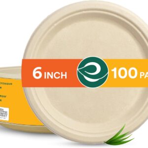 Eco Soul 100% compostable with 6 inches Small Plates in Paper (100 Pack) Party disposable Heavy Duty, Ecological, Aperitif, Dessert, Wedding Plates I Biodegradables