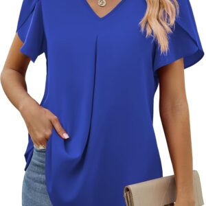 Funlingo Tops summer for women with short sleeves in Mousseline Dressed blouses V Neck Work Tops Tops T-shirts T-shirts