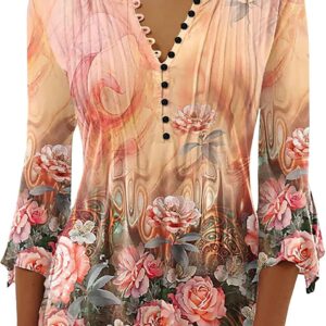 Summer tops for women 2024 Tunic shirts with floral print boho trend 3/4 button in bell V neck t-shirt