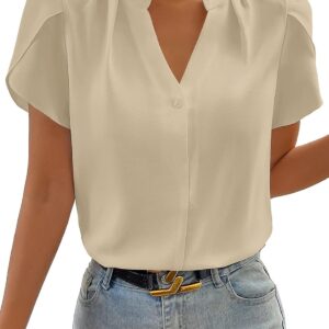 Astylish Women's Casual Notched V Neck Cap Sleeve Dressy Chiffon Blouse Tops