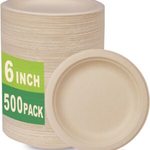 GreenWorks 500 Count 6“ Small Compostable Dessert Plates, Heavy-duty Unbleached Biodegradable Bagasse and Bamboo fiber Paper Plates