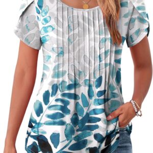 Zeagoo Womens Tops Petal Short Sleeve Summer Casual Crew Neck Shirts Floral Solid Blouse Pleated Tunics