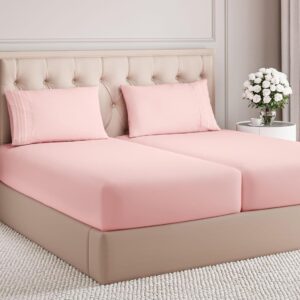 Split King Size 5 Piece Sheet Set - Comfy Breathable & Cooling Bed Sheets Set - Hotel Luxury Bedding for Women, Men, Kids & Teens - Deep Pockets, Easy-Fit, Soft and Wrinkle Free - Oeko-Tex - Baby Pink