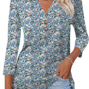 Women 3/4 handle in V Colt Floral T-shirt Coullared Button Down Shirts for Women S-XXL