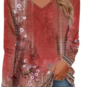 Long sleeve shirts for women Top floral 2024 Hippie V Neck Sweatshirt Casual Blouses