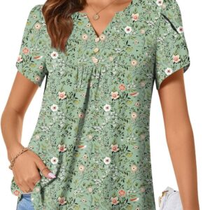 CATHY Women's Petal Short Sleeve Tunic Tops Dressy Summer Blouses V Neck Button Cute Shirts