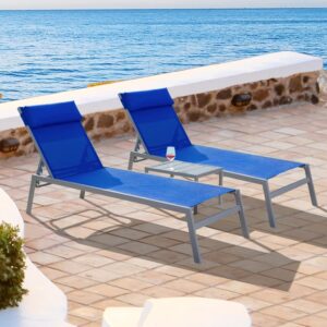 Domi patio 3 -room textilene lounge chair together with exterior side table, adjustable back and pillow for the courtyard, garden, tanning, for all seasons, blue