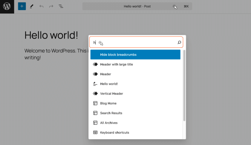 Screenshot showing the WordPress Command Palette with its search field highlighted.