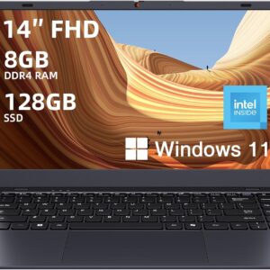 14 inch Windows 11 laptop, 8 GB DDR4 RAM 128 GB SSD, 4 Core Intel CPU (up to 2.9 GHz), slim and portable laptop, WiFi, BT4.2, MS Office 2024