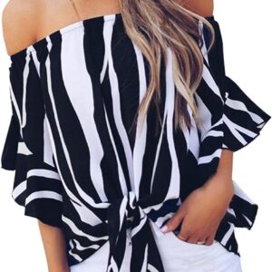 LuckyMore Off The Shoulder Tops Women Summer 3/4 Bell Sleeve Tie Knot Boho Shirt Blouses