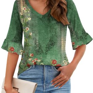 Zeagoo Womens Tops Casual V Neck Shirts Floral Solid Blouse Ruffle Tunics 3/4 Sleeve Tshirt S-XXL