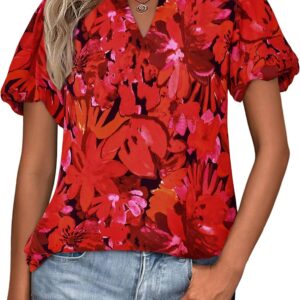 MASCOMODA Boho Short Sleeve Floral Work Blouses for Women Dressy Casual V Neck Puff Sleeve Loose Chiffon Flowy Tops Shirts