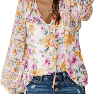 Biucly Women's Casual Boho Floral Print V Neck Long Sleeve Drawstring Tops Loose Blouses Button Down Shirts