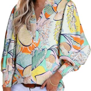 Astylish Women Loose V-Neck Shirts Paisley Print Lantern Sleeve Blouse Tops