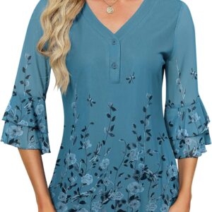 Rapbin Women Dressy Blouse 3/4 Sleeve Tiered Bell Sleeve Double Layers Mesh Shirt Trendy Flowy Tunic