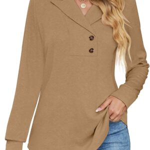 Micoson Women's Long Sleeve Button Lapel Tunic Tops V Neck Business Casual Swing Sweatshirt Pullover