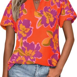 MASCOMODA Boho Short Sleeve Floral Work Blouses for Women Dressy Casual V Neck Puff Sleeve Loose Chiffon Flowy Tops Shirts