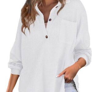 Astylish Women Waffle Knit Tops Henley Shirts Long Sleeve V Neck Solid Color Casual Tunic