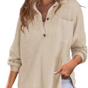 Astylish Women Waffle Knit Tops Henley Shirts Long Sleeve V Neck Solid Color Casual Tunic