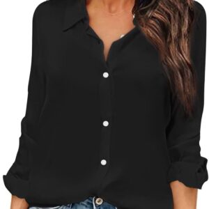 OMSJ Women Button Down Shirts Long Sleeve Chiffon Office V Neck Casual Business Blouses Tops