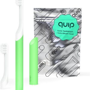 Sonic Quip toothbrush for children with timer - includes an additional brush head and a travel cover - electric, recharge head with soft hair, rubber handle, 3 -month battery life - Glow in darkness, green