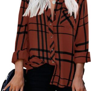 ZC&GF Women's Long Sleeve V-Neck Stripes Casual Blouses Pocket Button Down Shirt Tops