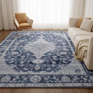 Dukino 6x9 Area Rugs, Non Slip Distressed Living Room Rugs, Soft Large washable Rugs With Low Pile & No Shedding, False Wool Rugs for Bedroom, Living Room, Dining Room, Blue Blue