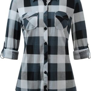 Djt Womens Soft Stretchy Treater Plaid Shirts Roll Up Long Sleeve Collared Bouton Down Blouses Tops Tops Tops